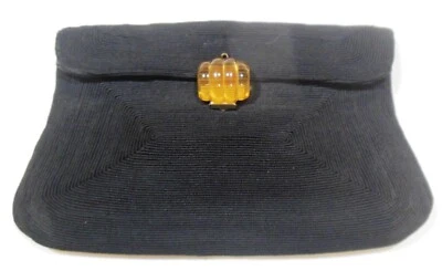 1950s Black Thin Ribbed Twill Fabric Clutch & Yellow Lucite Clasp - Image 1 of 4