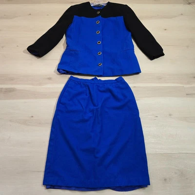 Vtg Herbert Grossman Formal 2 Piece Blue Black Skirt Suit Set Button Gold Rim 16 - Image 1 of 4