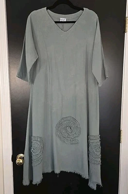 Oh My Gauze! Tunic Dress Women's Lagenlook Green RuffleRosette Cotton Boho Artsy - Image 1 of 4