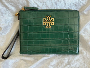 Tory Burch Britten Embossed Large Zip Pouch Wristlet Norwood Gold Green