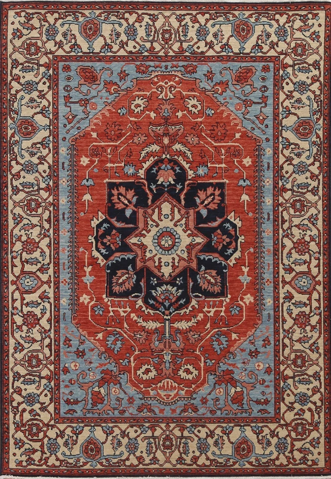 Geometric Red/ Ivory Heriz Serapi Turkish 5x7 Area Rug Handmade Oriental Carpet - Image 1 of 4