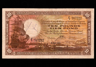 SOUTH AFRICA  10  POUND 1943  P-87  VF - Image 1 of 4