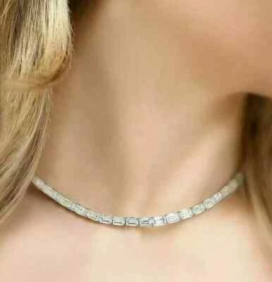 19Ct Emerald Cut Lab Created Diamond Tennis Necklace 14K White Gold Plated 18"In - Image 1 of 4