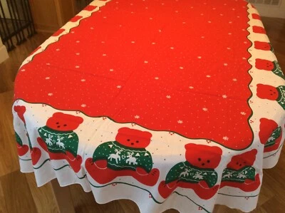 Holiday Bear Tablecloth w/8 Matching Napkins Red,White,Green Christmas - Image 1 of 4