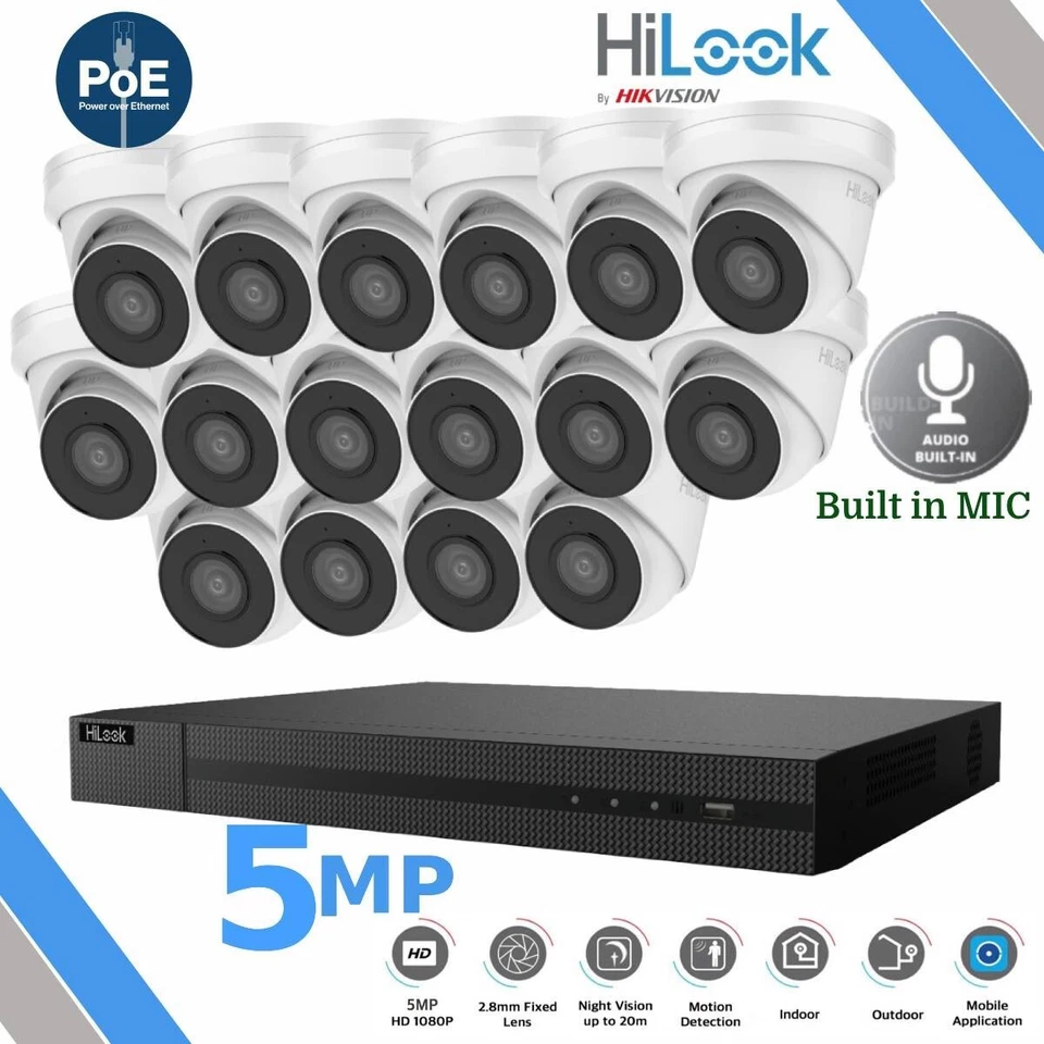 HIKVISION HILOOK 8MP CCTV NVR IP POE 5MP OUTDOOR CAMERA MIC AUDIO POE SYSTEM KIT - Image 1 of 4