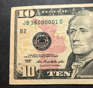 FANCY SERIAL NUMBER $10 Bill (5) ZEROES IN A ROW circulated SERIES 2009 - Picture 1 of 4