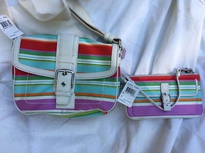 Bolsa de mão nova com etiqueta Coach listrada aba pano 10701 bolsa com pulseira grande combinando - Imagem 1 de 3