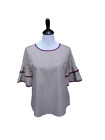 Mine Classic Burgundy Striped Blouse LARGE Polka-Dots Bell Sleeves Flare Cotton