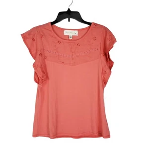 NWT French Laundry Shirt Womens Coral Short Sleeve Lace Trim Eyelet detail SZ S - Picture 1 of 8