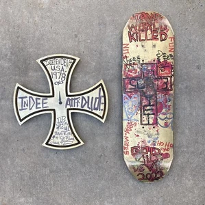 DUANE PETERS PUNK ROCK SKATE IRON CROSS CLOCK & DP PAINTED DECK - Picture 1 of 6