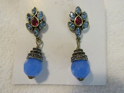 NEW HEIDI DAUS BLUE RED CRYSTALS DANGLE BEAD DROP PIERCED POST EARRINGS - Image 1 of 3