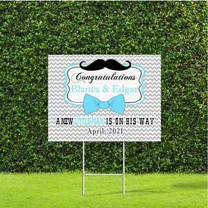 Bow Ties and Mustaches Baby Shower Sign Customizable Baby Blue, Grey and White
