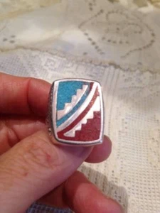 1980's Vintage Silver white Bronze Men's Southwestern Gemstone Inlay Ring - Picture 1 of 7