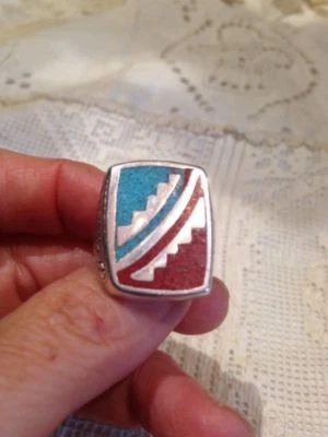 1980's Vintage Silver white Bronze Men's Southwestern Gemstone Inlay Ring - Image 1 of 4