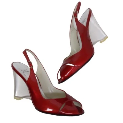 $475 STUART WEITZMAN 8 M Wedge Sandals Slingback Red Patent Lucite Heel Open Toe - Image 1 of 4