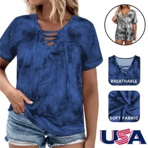 Plus Size Women Tops Summer Casual V Neck T Shirt Trendy Loose Tees Short Sleeve - Picture 1 of 17