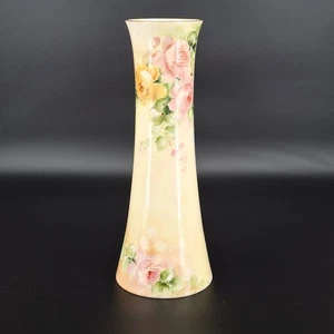 Vintage Hand Painted 12" Tall Cylinder Floral Vase Roses - Picture 1 of 13