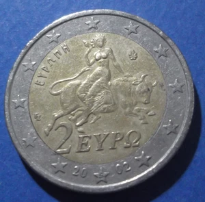 GRECIA Raro Error 2002 Moneda de 2 Euros con "S" en la Parte Inferior Estrella Rapto de Europa!!! - Imagen 1 de 3