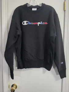 Champion Sweatshirt Mens Medium Black Reverse Weave Crewneck Logo Pullover - Picture 1 of 10