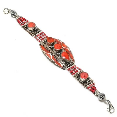 Rote Koralle Edelstein Armband Tibetische Bahamas Statement Nepali Schmuck 7"... - Bild 1 von 4