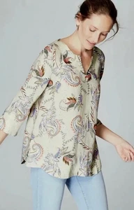 J. Jill Love Linen Top L Butter Yellow Zest Floral Paisley Lace Up 3/4 Sleeve - Picture 1 of 6