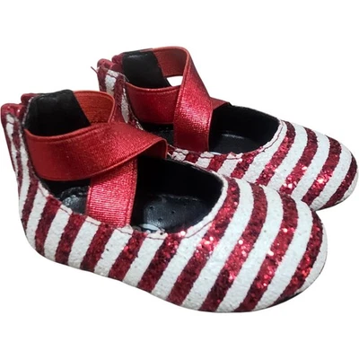 A Bear Co Toddler Size 3 Red White Candy Stripe Glitter Ballerina Flat Christmas - Image 1 of 4