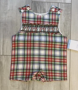 New! Bella Bliss Festive Smocked Holiday Plaid Boy’s Shortall Romper, 12mo - Picture 1 of 9