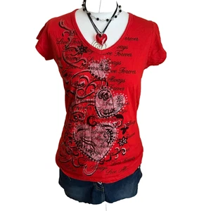 Jazzie Red Graphic Heart Love Forever Tee Women’s L Y2K Affliction Style - Picture 1 of 12
