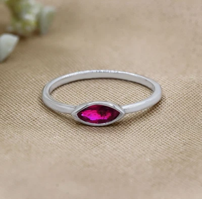14k White Gold Plate Natural Marquise Cut Ruby Handmade Engagement Ring Size 7 - Image 1 of 4
