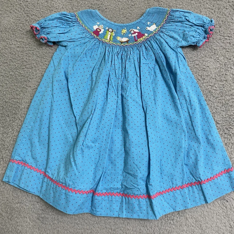 Smocked Nativity Scene Christmas Bishop Dress Size 3T Jesus Angel Blue Pink - Image 1 of 4