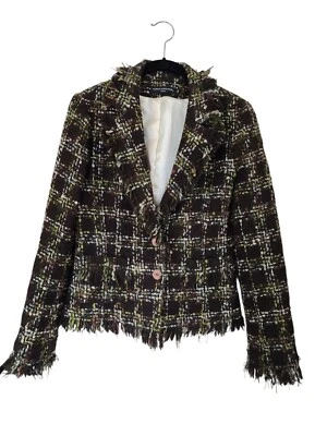 Avenue Montaigne Paris Blazer jacket, Brown/green tweed Fringe Plaid size 3 Wool - Image 1 of 4