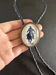 Vintage Cowboy Riding Bolo Tie Handmade Western Wedding Necklace Leather Cord - Picture 1 of 14