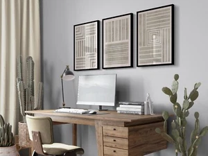 Boho Set of 3 Grey Beige Geometric Square and Rectangle Print Modern Minimalist - Picture 1 of 5