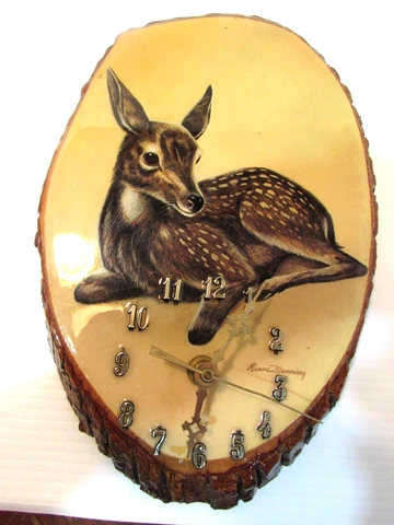 =Vintage Rustic Decoupage Fawn Wood Clock Wall Plaque Oval Log Slice USA 11 3/4" Cover