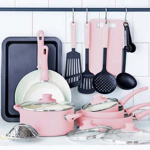 Rosa 18-teiliges Soft Grip Toxinfrei Gesundes Keramik Antihaft Kochgeschirr Pfannenset - Bild 1 von 9
