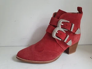 TOPSHOP DESIGNER UK 4 EU 37 WOMENS RED SUEDE LEATHER LOW HEELS BIKER ANKLE BOOTS - Picture 1 of 15