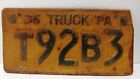 1936 Pennsylvania  Truck License Plate T92B3 Yellow/ Black Expired RUSTY