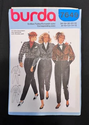 Burda 7649 Misses Pants & Waist Length Jacket 1990's Pattern S 8-16 (Partial)Cut - Image 1 of 2