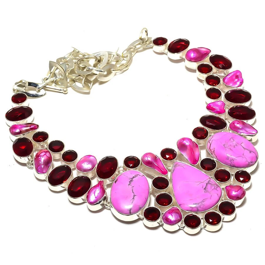 Collar enchapado en plata de piedras preciosas granate perla Biwa howlita rosa 18" Foto 1 de 1