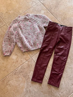 Mayoral Girl's Size 6 Outfit LS Sweater With Faux Leather Pants Burgundy - Image 1 of 4