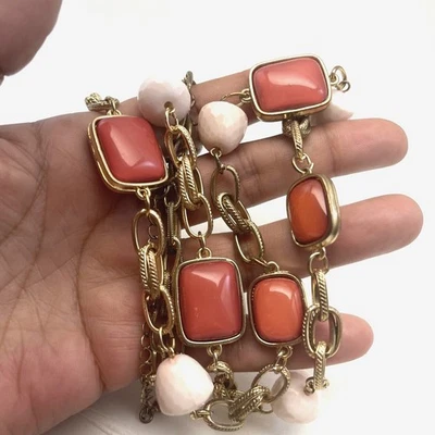 Collar Vintage Tono Dorado 2 Hilos Cuentas Firmado NY 36" Cabujón B#6 Foto 1 de 4