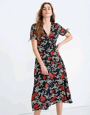 Vestido midi Madewell Peekaboo manga colina margaritas rojo/negro | 18 usado en excelente estado Preppy  Foto 1 de 4