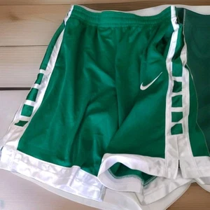 NIke Active Shorts Youth XL Green White Silky Shiny Trim Pockets Long logo emb. - Picture 1 of 12