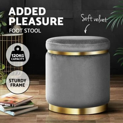 Round Velvet Ottoman Foot Stool Foot Rest Padded Seat Bedroom Footstool Grey New - image 1 of 4
