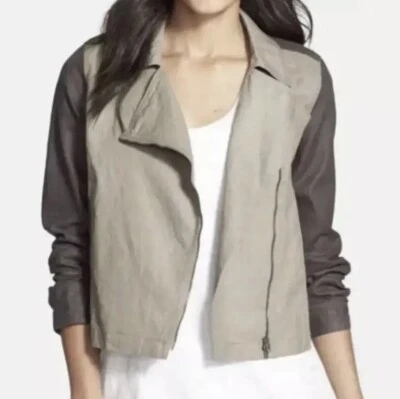 EILEEN FISHER Small Coated Linen Asymmetrical Moto Jacket Lightweight Minimalist - Image 1 of 4
