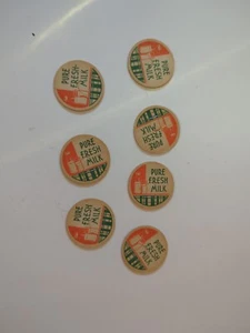 Vintage Karton Milch Flaschenverschlüsse Verschlüsse Pure Fresh 7 Stück Orange Grün - Bild 1 von 2