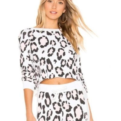 Wildfox Mujer Animal Leopardo Estampado Dobladillo Crudo Cuello Redondo Rosa Jersey Sudadera M Foto 1 de 4