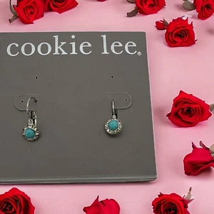 Cookie Lee Silver Tone Earrings Lever Back Turquoise Clear Crystals .75" New - Picture 1 of 4