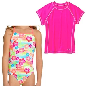 Op Girls XL 14/16 Tropical Hibiscus One-Piece Swim Suit + Rash Guard Hot Pink - Picture 1 of 7