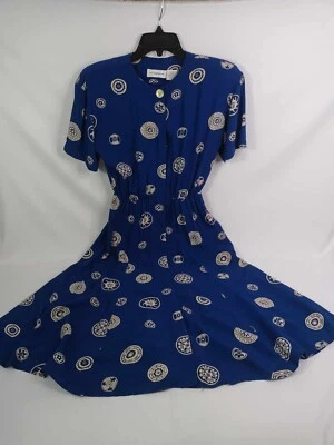 Liz Claiborne Blue White Pullover Dress 70s Style Knee Length Round Neck Size 8P - Image 1 of 4